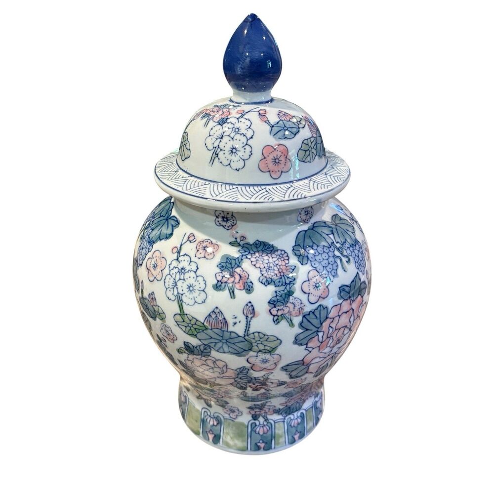 Large Floral Ginger Jar w/ Lid Blue Pink Asian Style Porcelain Vase Decor 14”